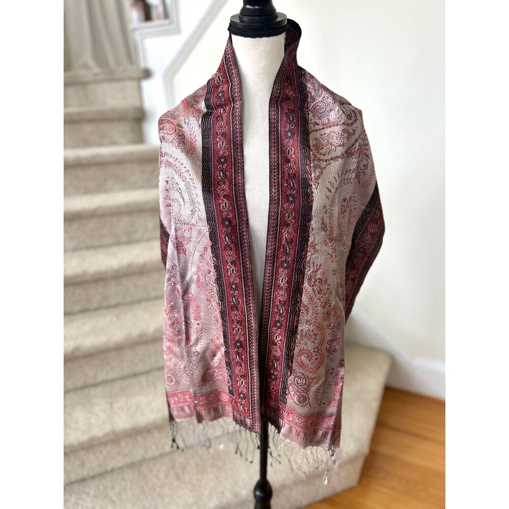 Kashmir House Silk Red Paisley Reversible Fringe Pashmina Scarf